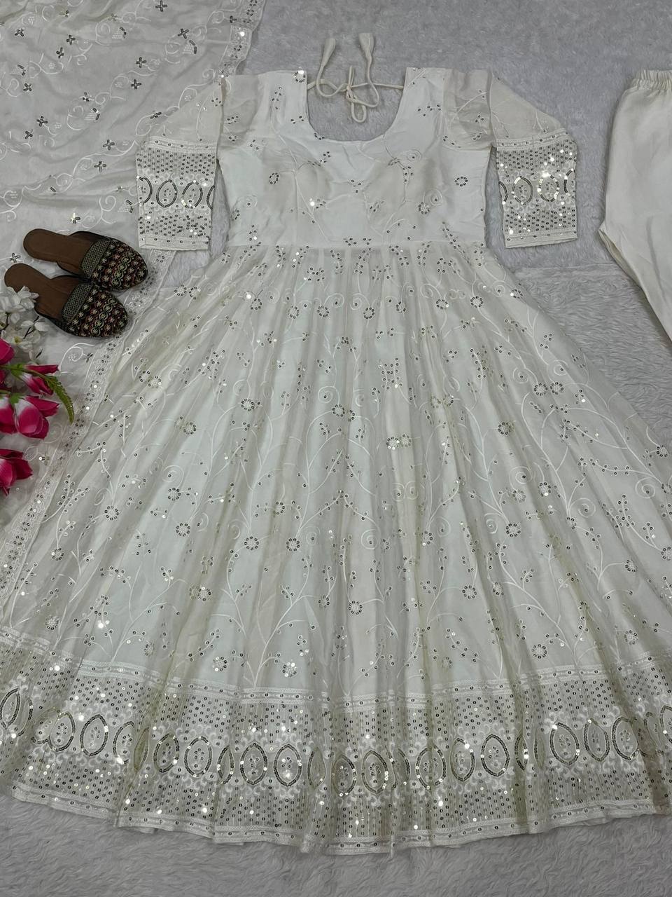 White Ivory Sequin Embroidered Anarkali Suit with Dupatta