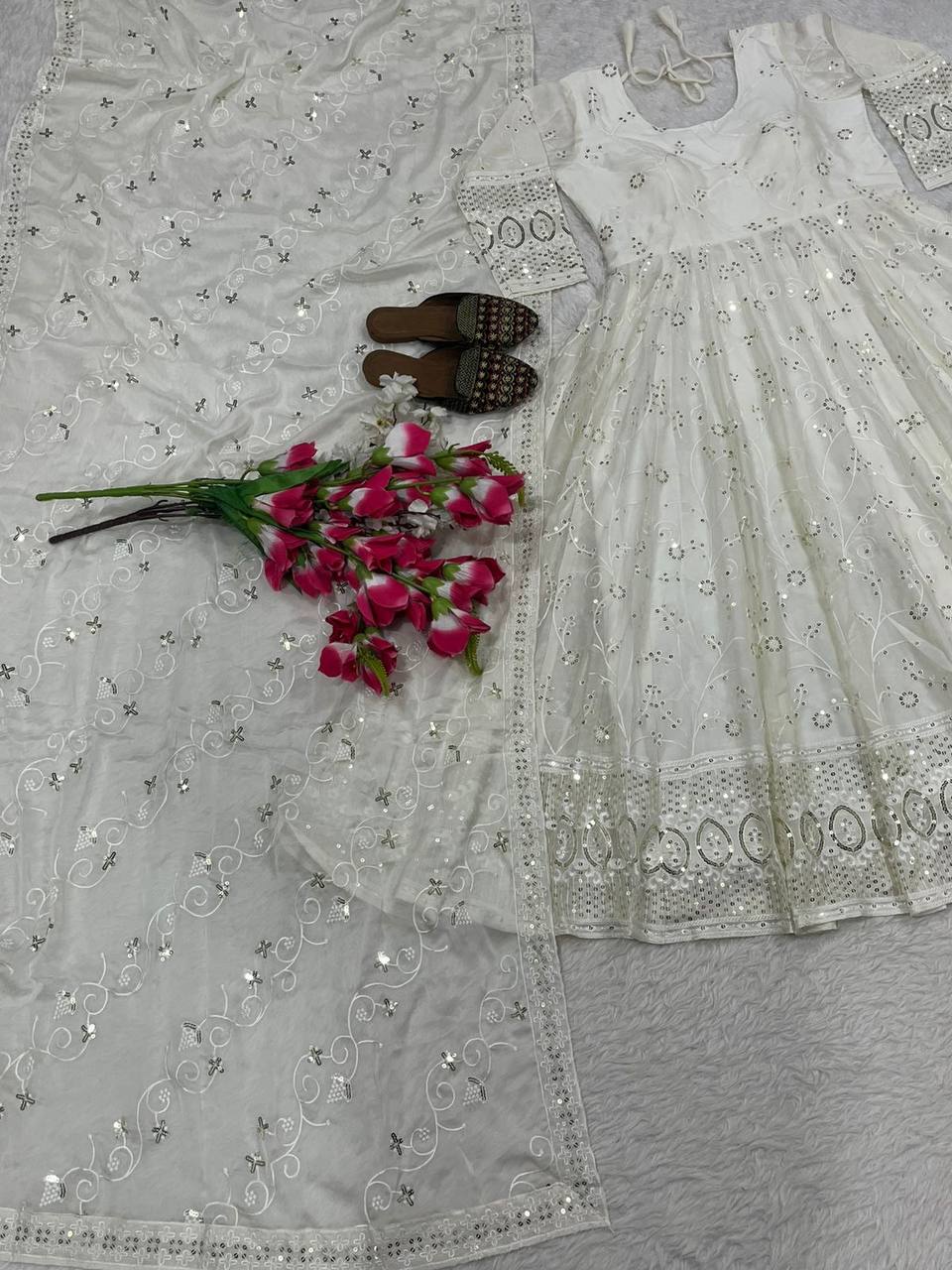 White Ivory Sequin Embroidered Anarkali Suit with Dupatta