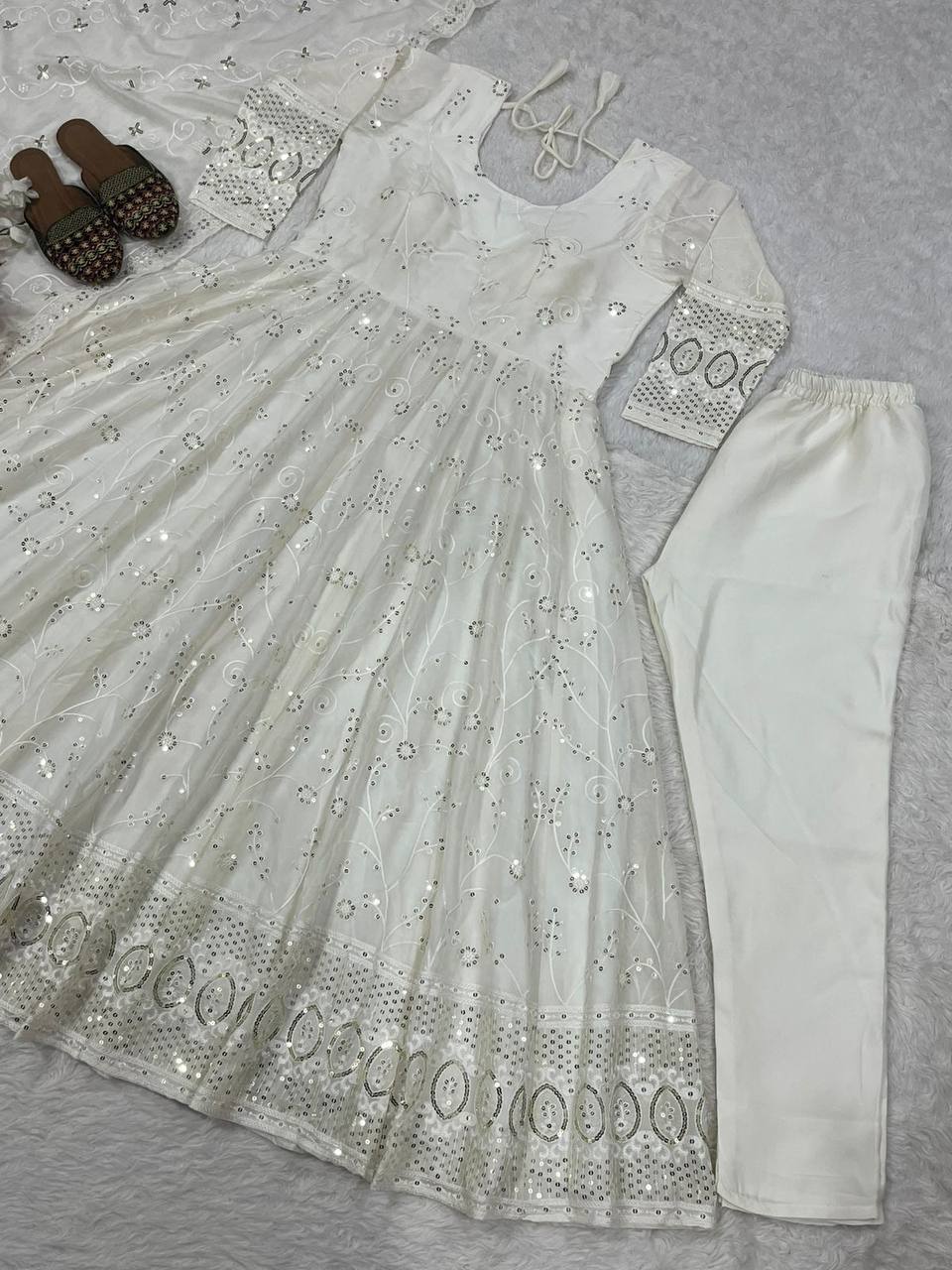 White Ivory Sequin Embroidered Anarkali Suit with Dupatta