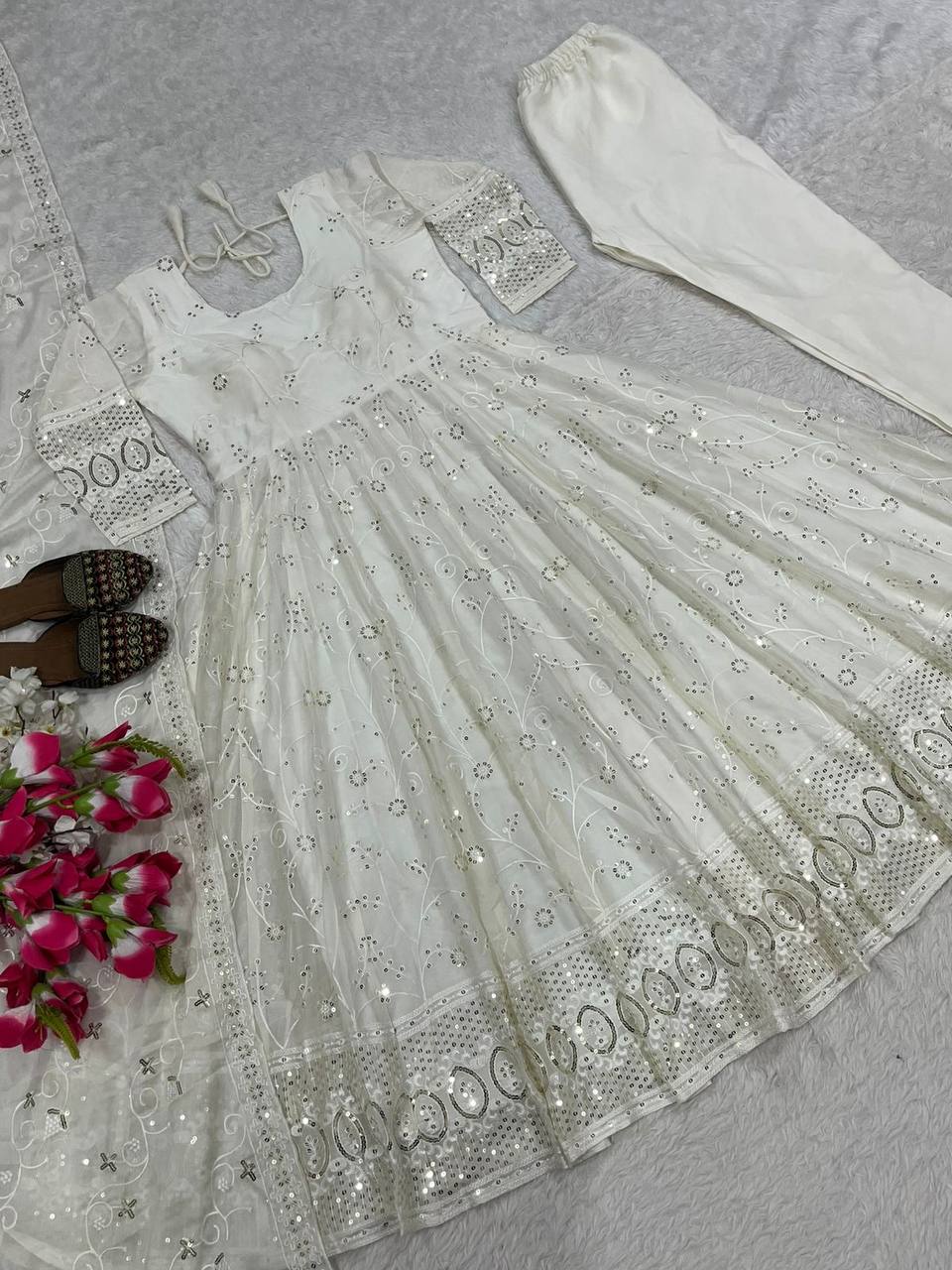 White Ivory Sequin Embroidered Anarkali Suit with Dupatta