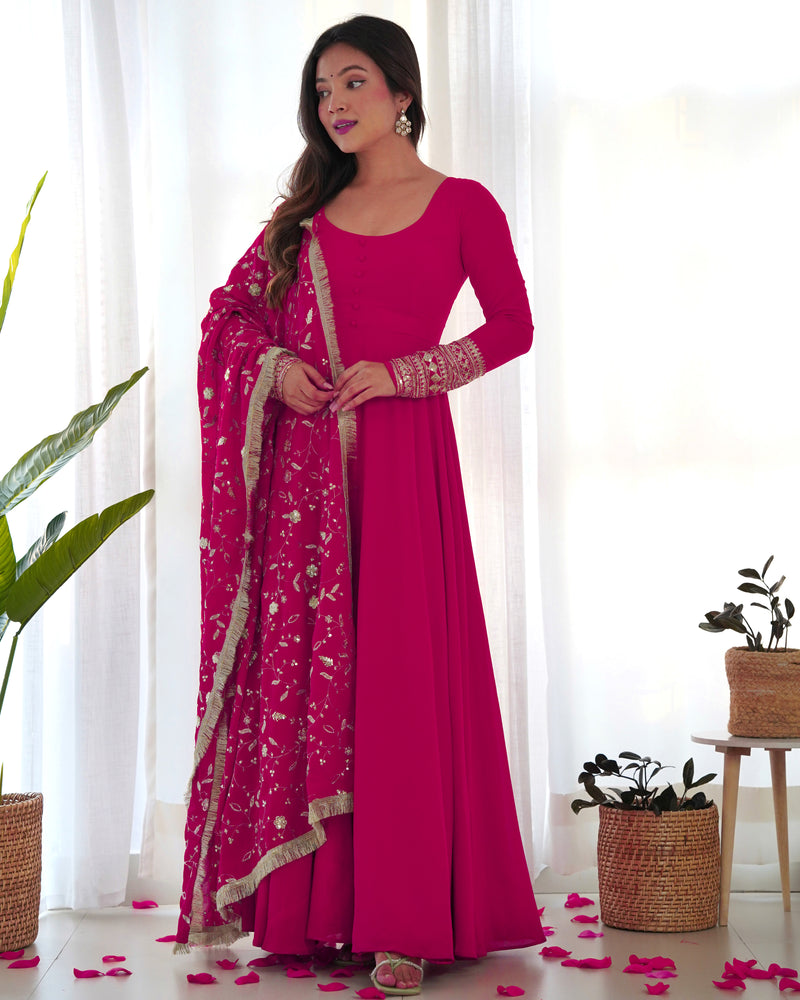 Attractive Pink Anarkali Suit Set With Heavy Dupatta