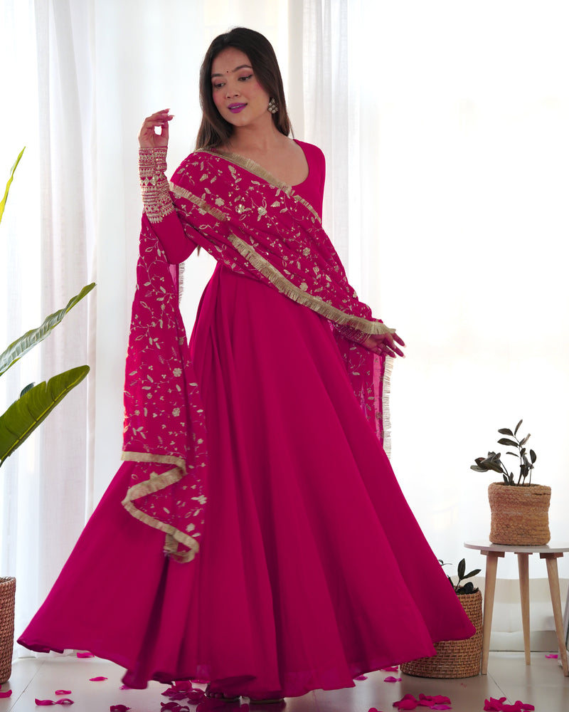 Attractive Pink Anarkali Suit Set With Heavy Dupatta