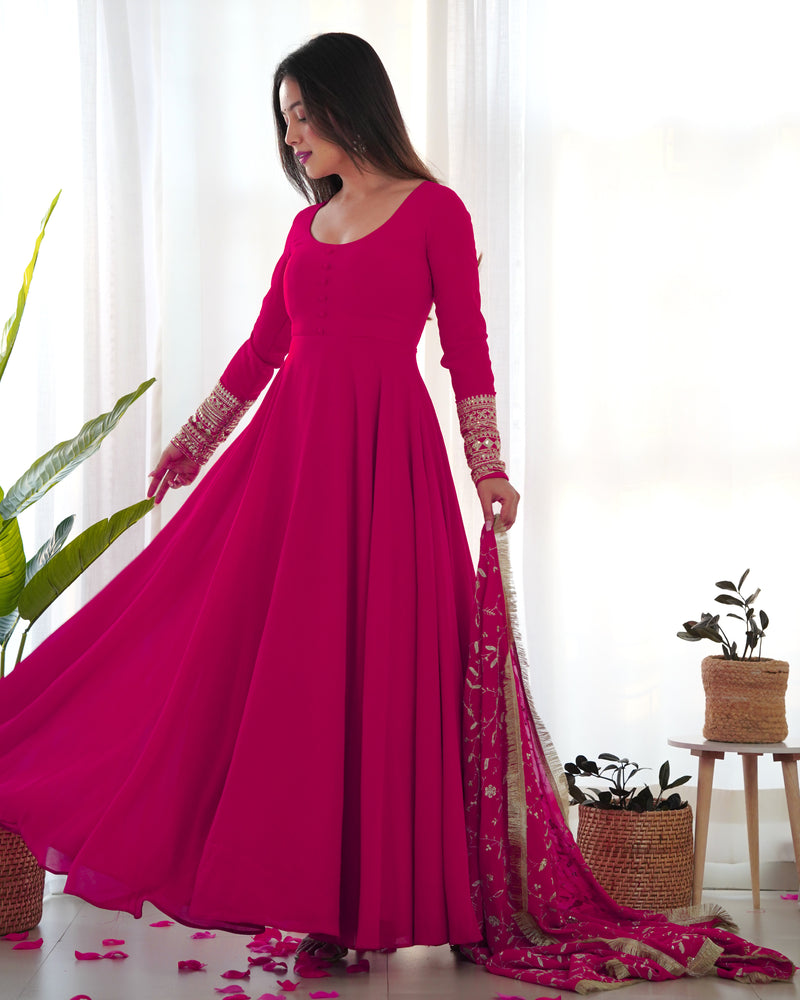 Attractive Pink Anarkali Suit Set With Heavy Dupatta