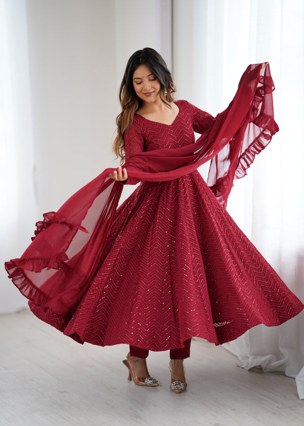 Maroon Color Georgette Lucknowi Three Piece Anarkali Suit