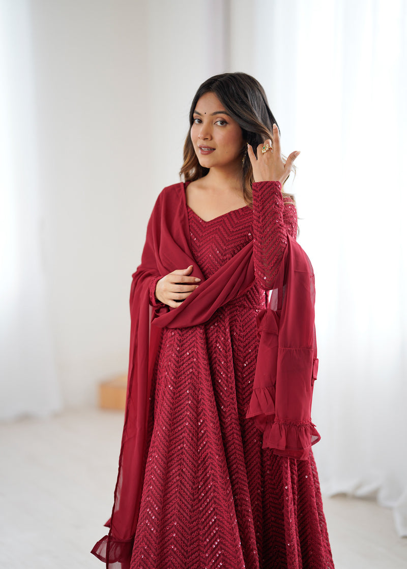 Maroon Color Georgette Lucknowi Three Piece Anarkali Suit