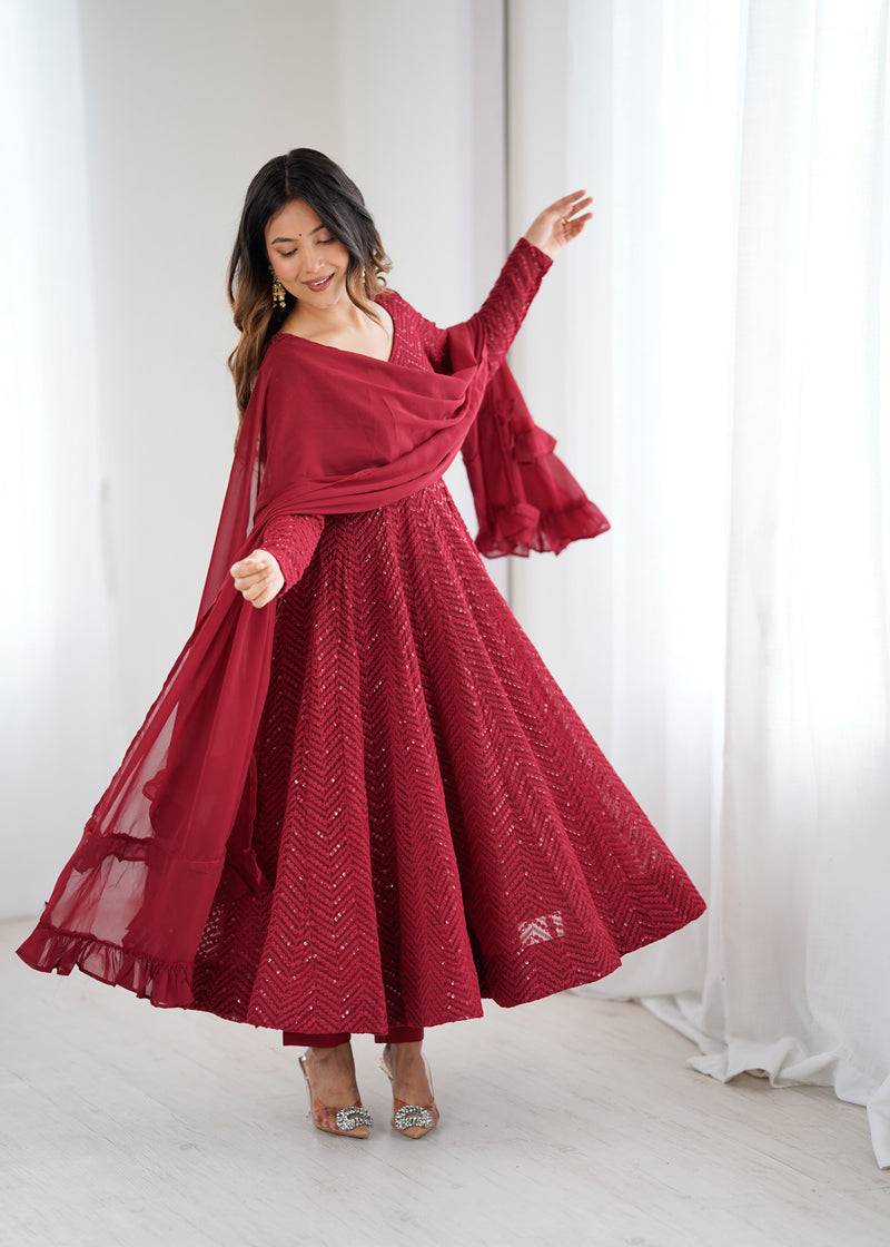 Maroon Color Georgette Lucknowi Three Piece Anarkali Suit