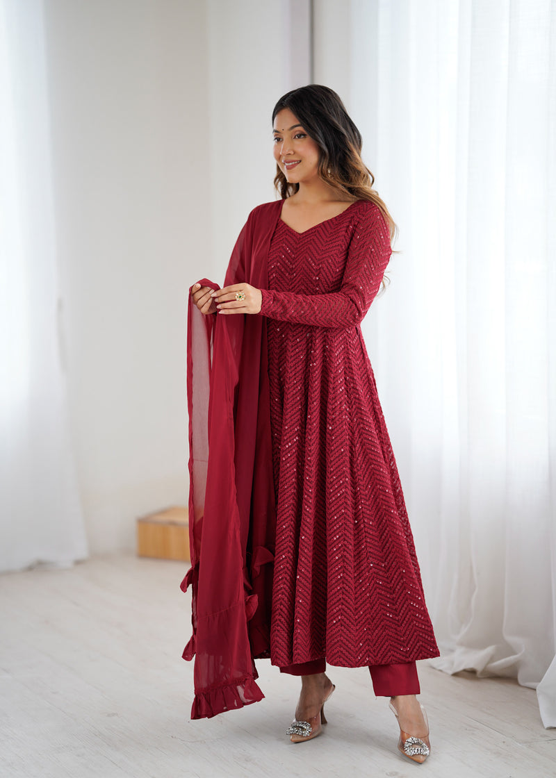 Maroon Color Georgette Lucknowi Three Piece Anarkali Suit