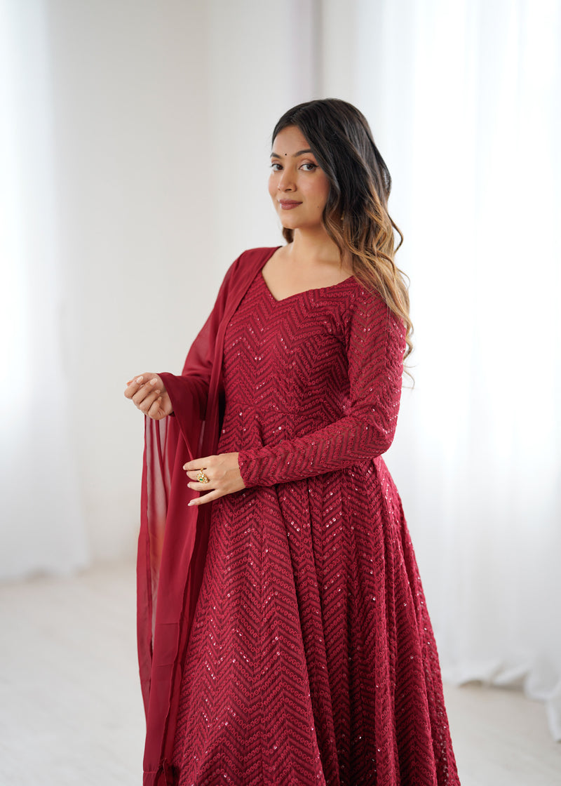 Maroon Color Georgette Lucknowi Three Piece Anarkali Suit