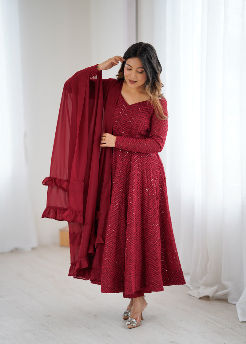 Maroon Color Georgette Lucknowi Three Piece Anarkali Suit