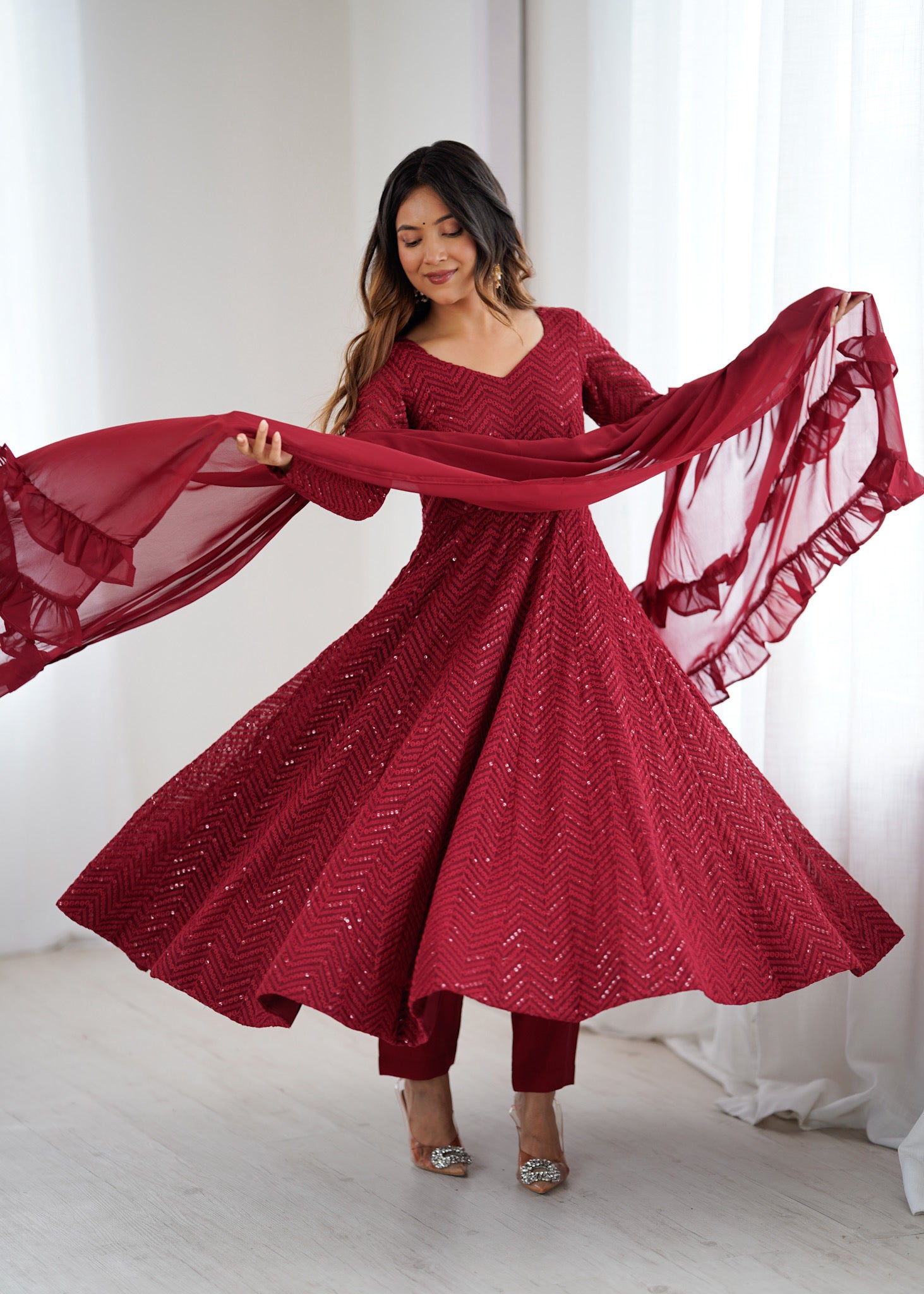 Maroon Color Georgette Lucknowi Three Piece Anarkali Suit
