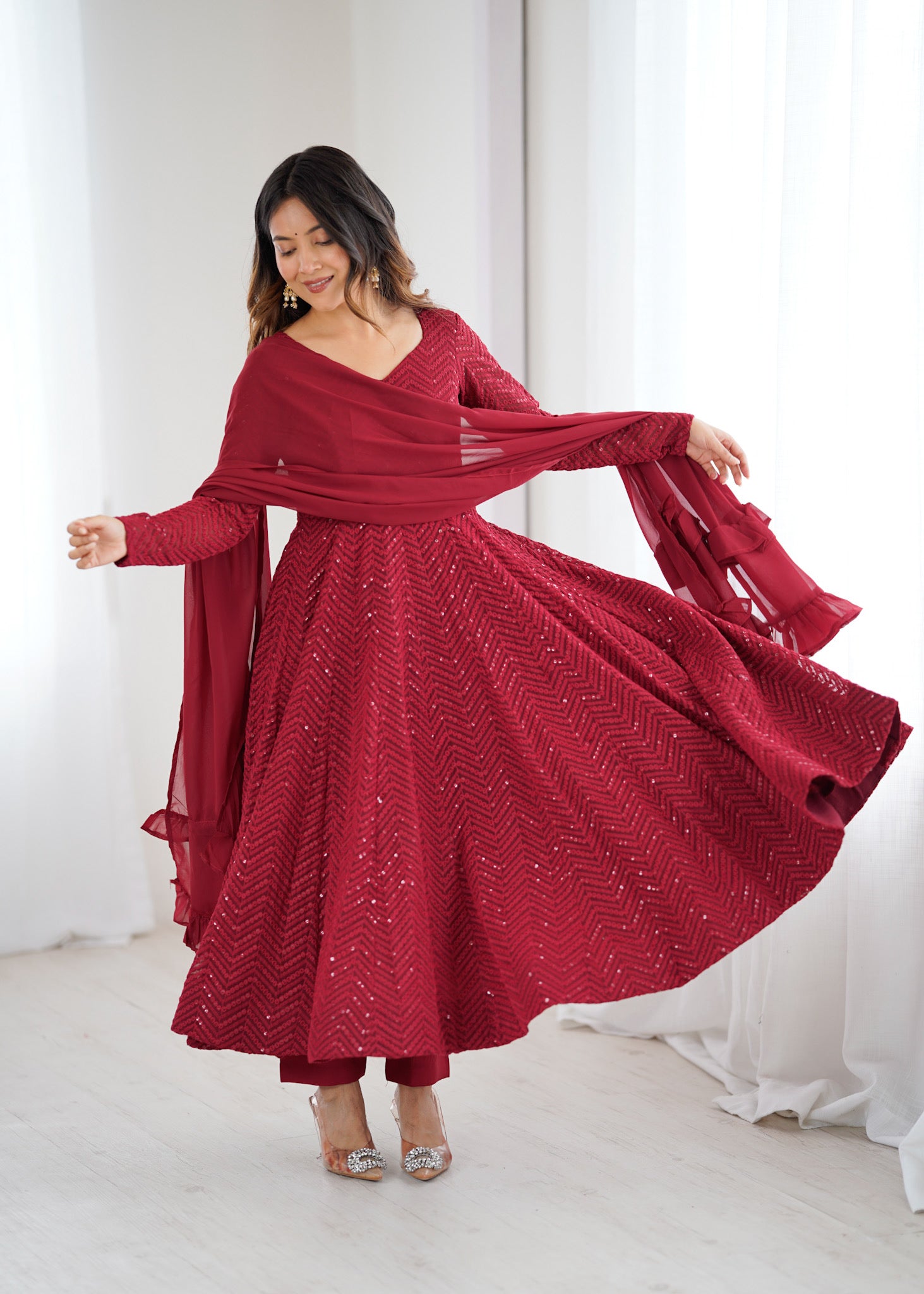 Maroon Color Georgette Lucknowi Three Piece Anarkali Suit