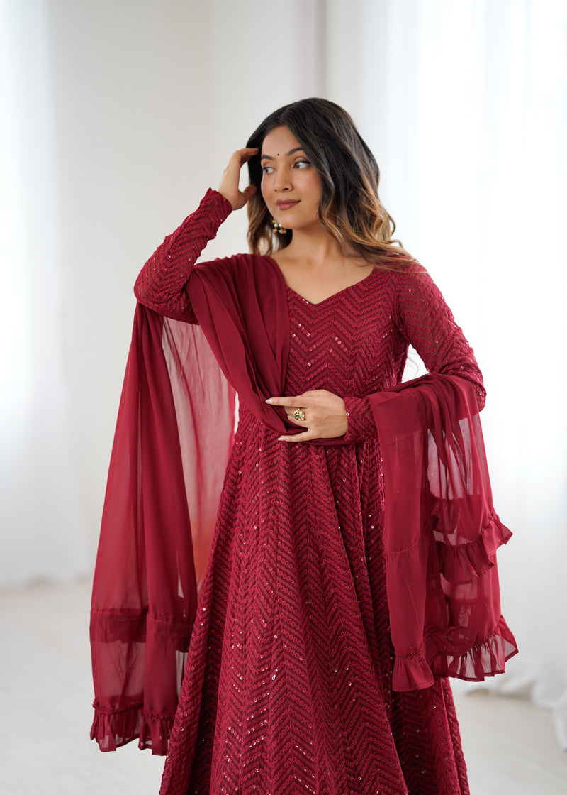 Maroon Color Georgette Lucknowi Three Piece Anarkali Suit