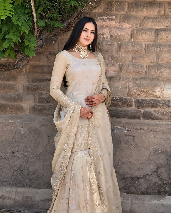 Delightful White Color Georgette Embroidery Work Sharara Suit