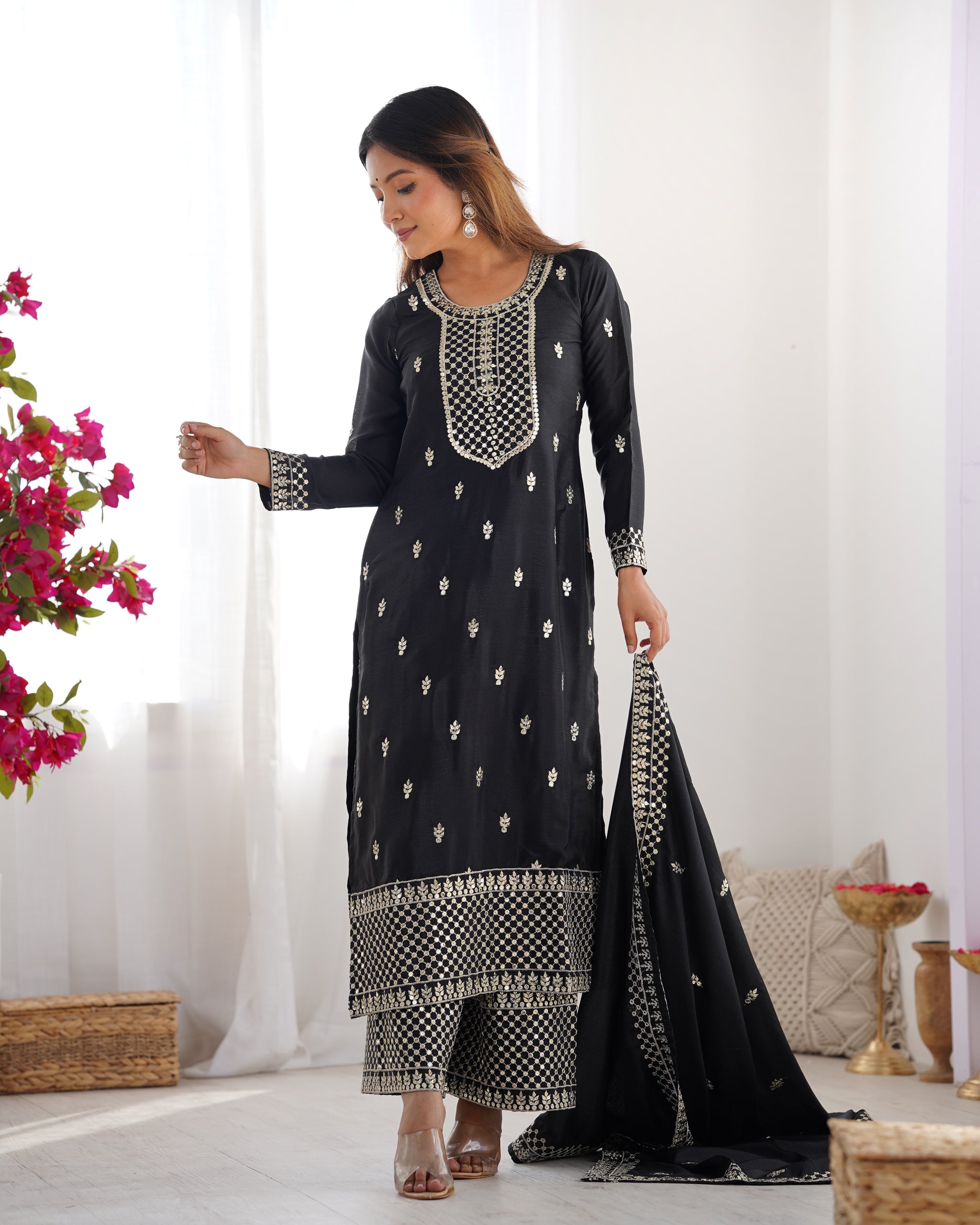 Black Color Chinon Silk Three Piece Kurti Suit