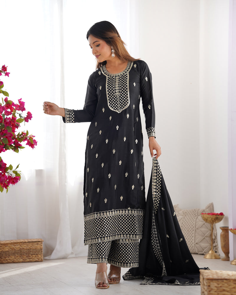 Black Color Chinon Silk Three Piece Kurti Suit
