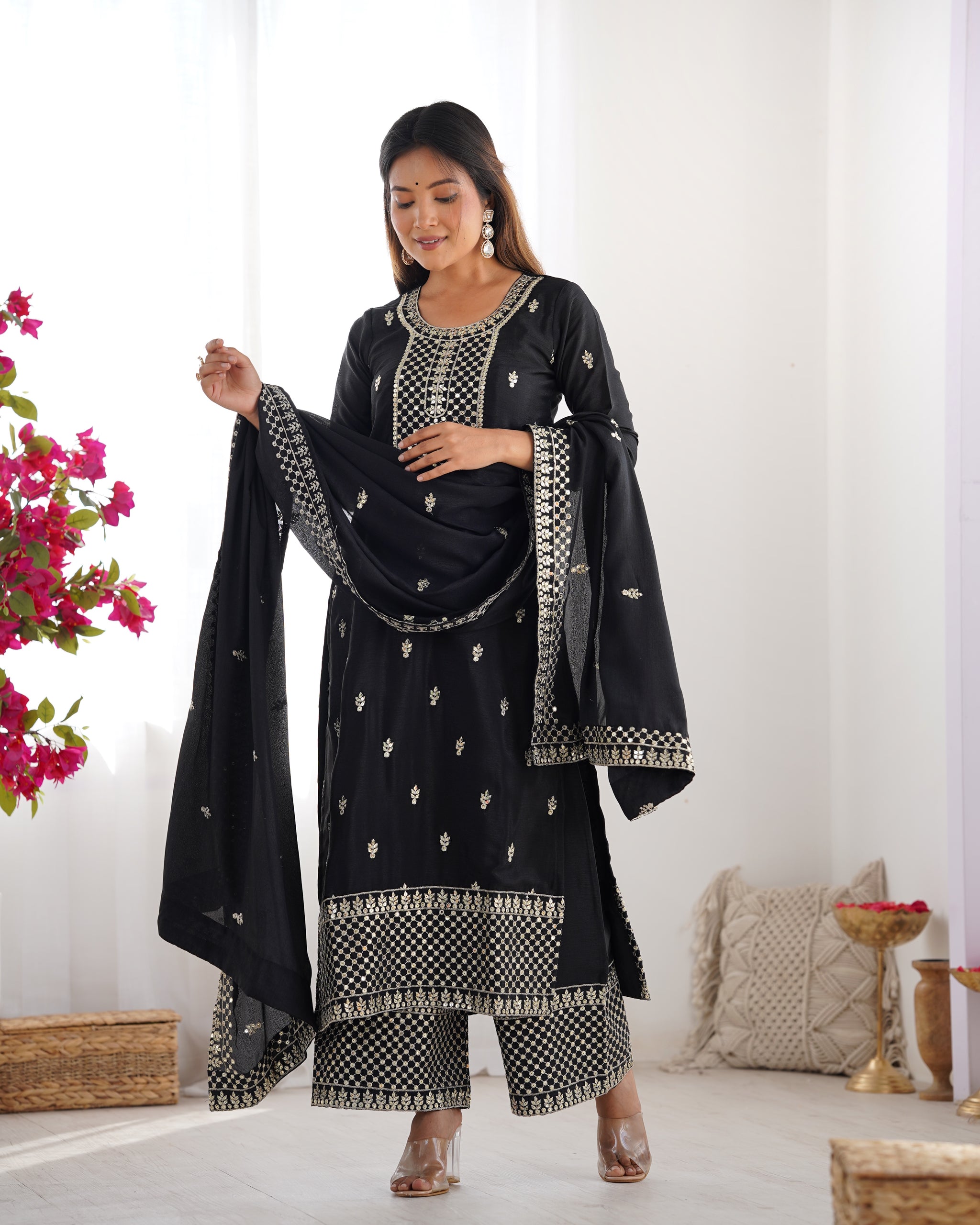 Black Color Chinon Silk Three Piece Kurti Suit