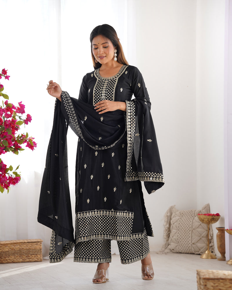 Black Color Chinon Silk Three Piece Kurti Suit