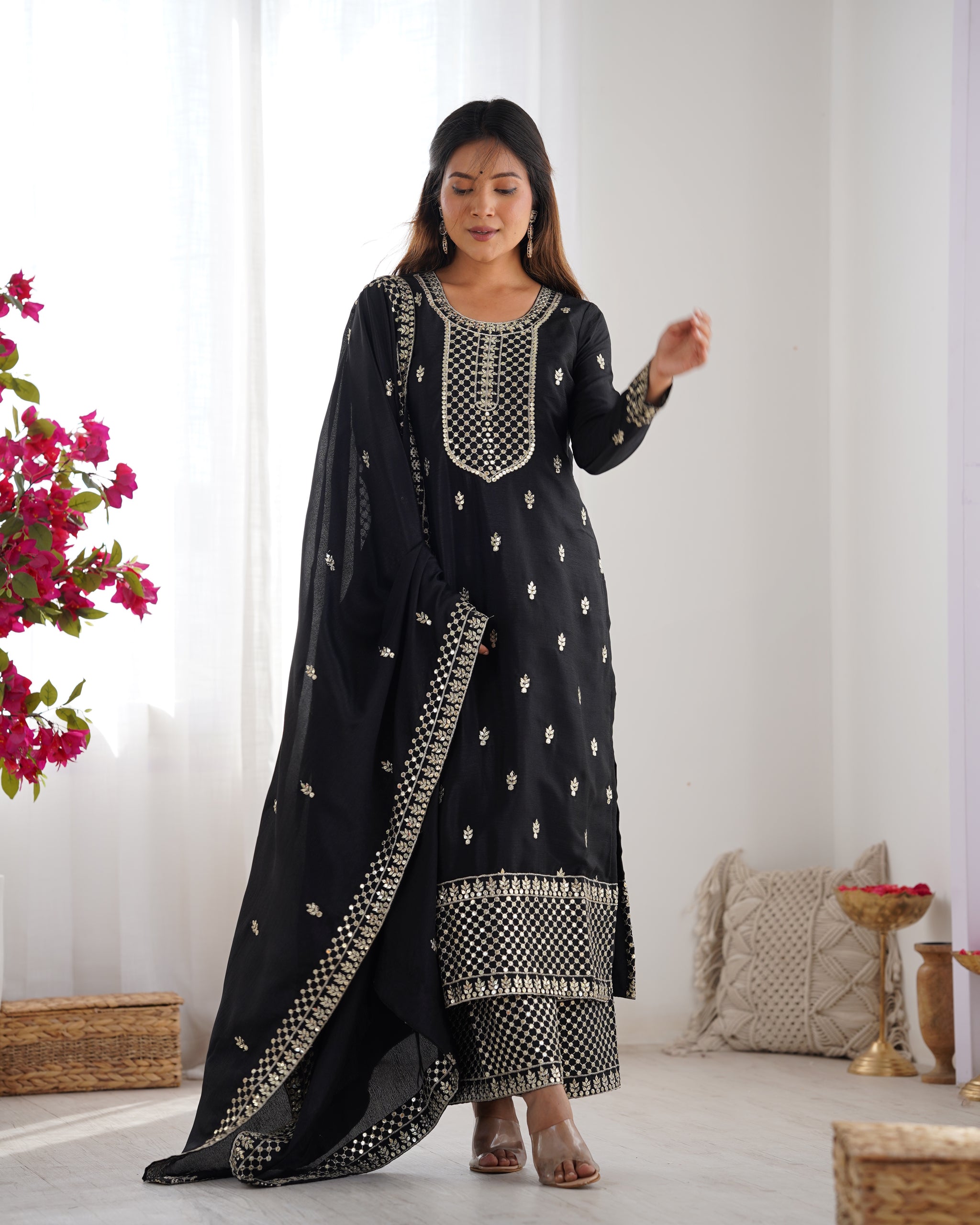 Black Color Chinon Silk Three Piece Kurti Suit