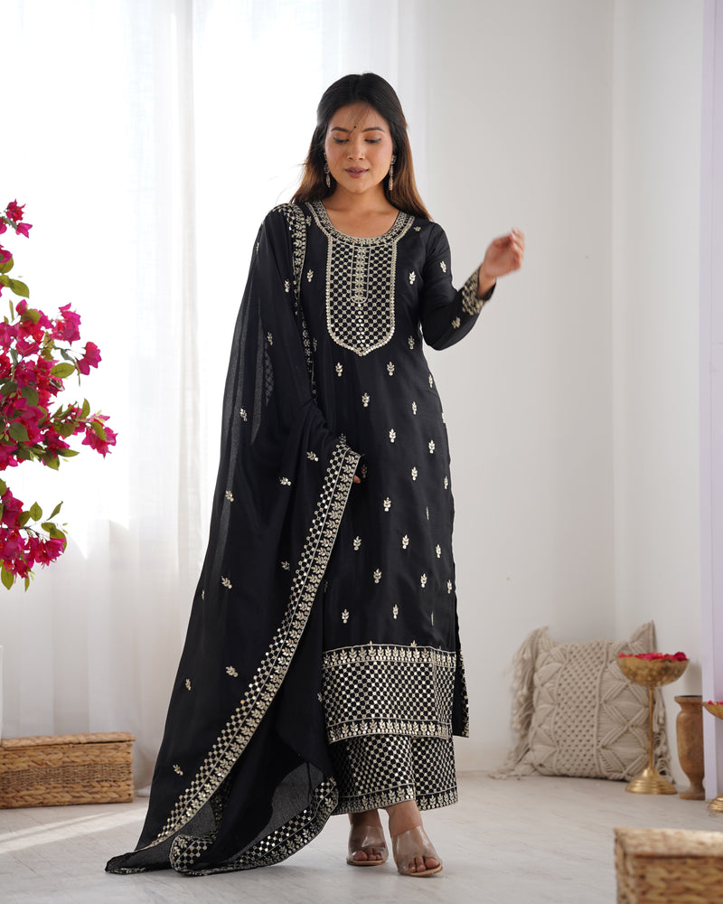 Black Color Chinon Silk Three Piece Kurti Suit