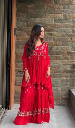 Red color Sharara Suit With Dupatta For Wedding Party