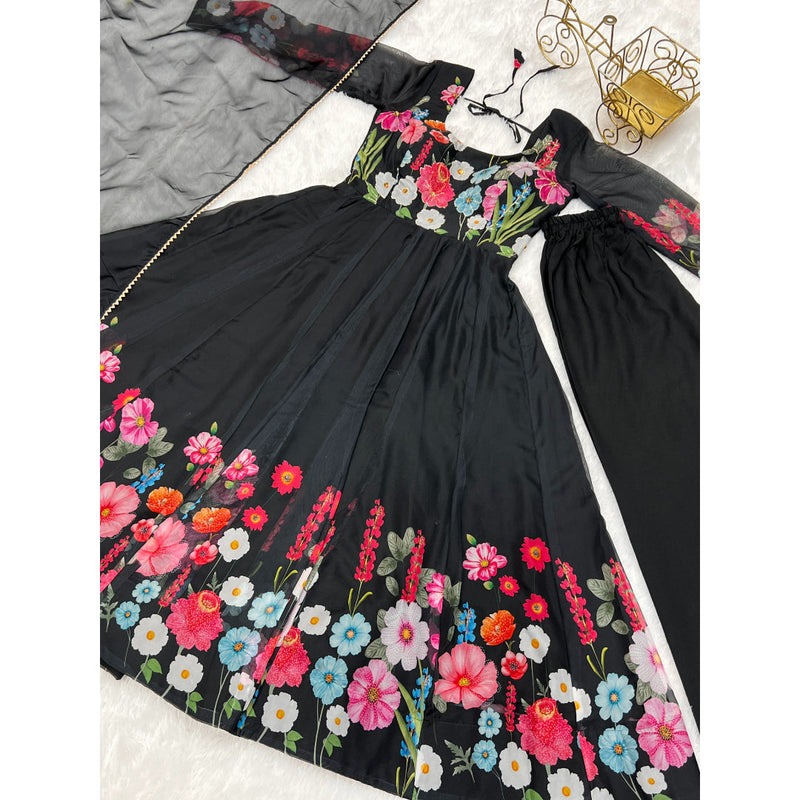 Black Color Pure Soft Organja Silk Fabric Fully Flair Kali Pattern And Canvas Patta With Dupatta Set Pent Ready To Wear