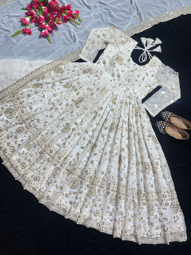 white color anarkali dress Full Heavy Work Georgette Gown subhvastra Pretty White Color Chinon Silk