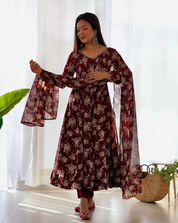 Dark Maroon Floral Printed Georgette Anarkali Suit