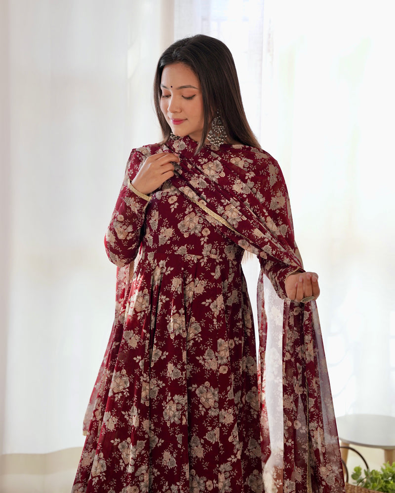 Dark Maroon Floral Printed Georgette Anarkali Suit