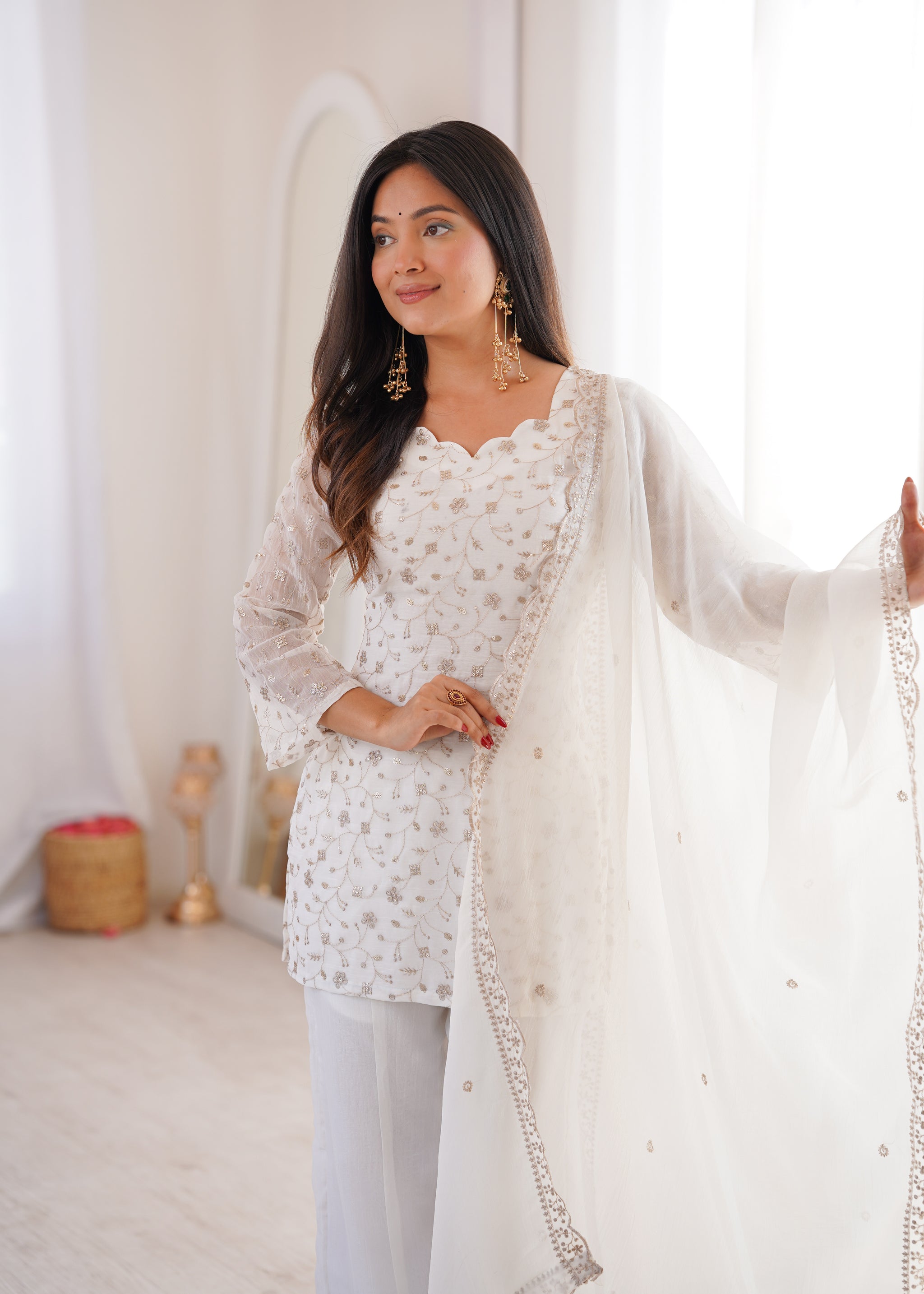 Off-White Color Crunchy Silk Embroidered Plazzo Suit