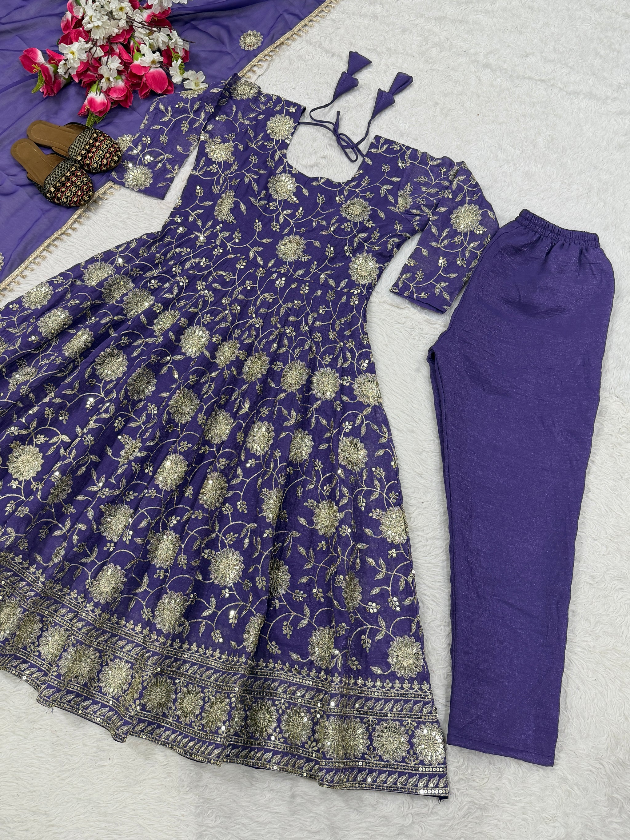 Purple Floral Sequin Embroidered Anarkali Suit with Dupatta