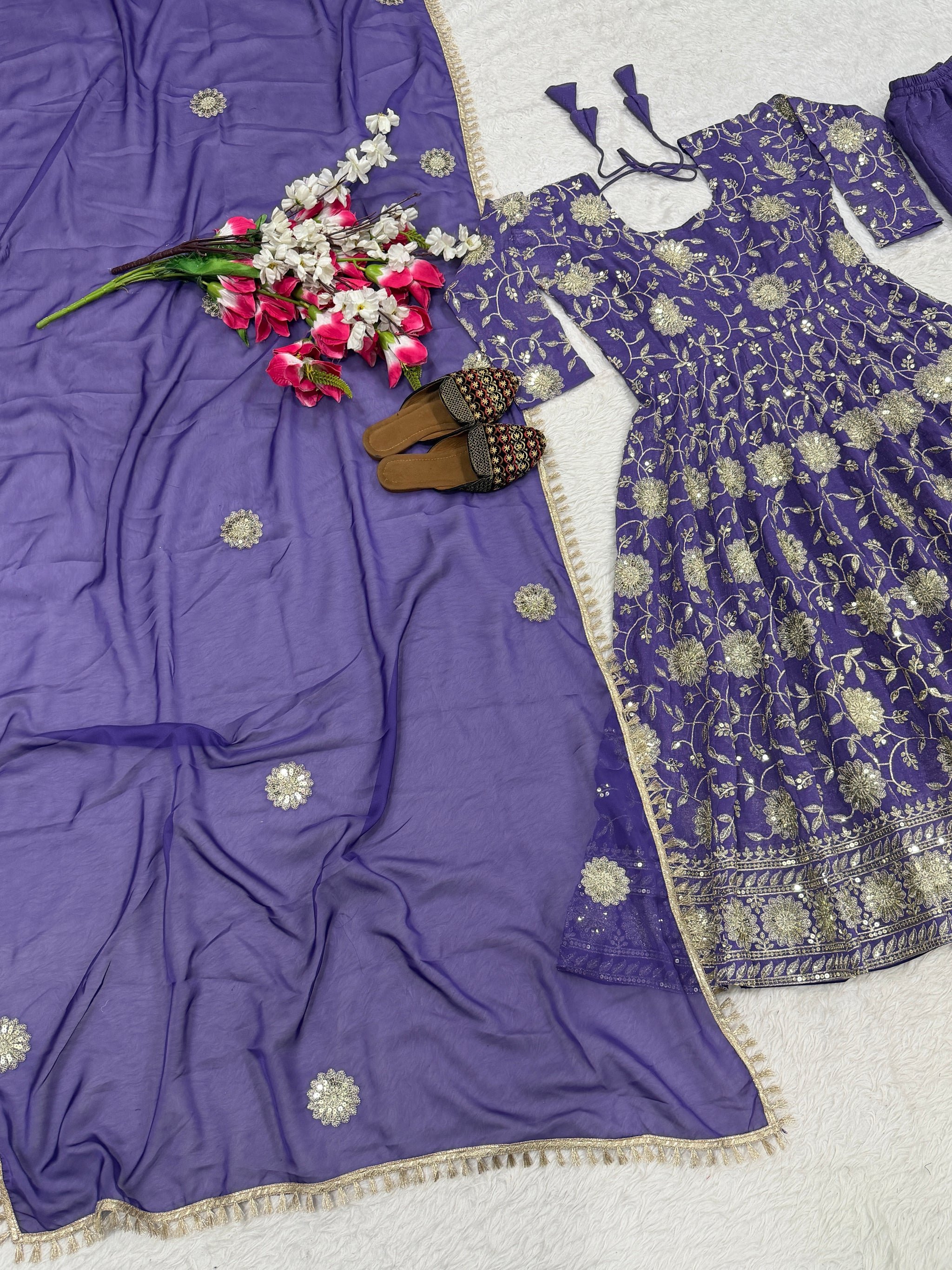 Purple Floral Sequin Embroidered Anarkali Suit with Dupatta