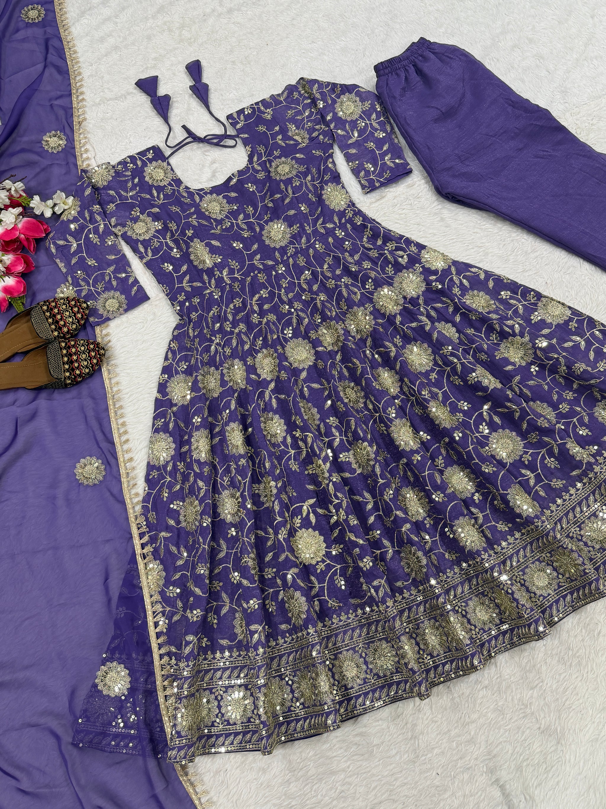 Purple Floral Sequin Embroidered Anarkali Suit with Dupatta