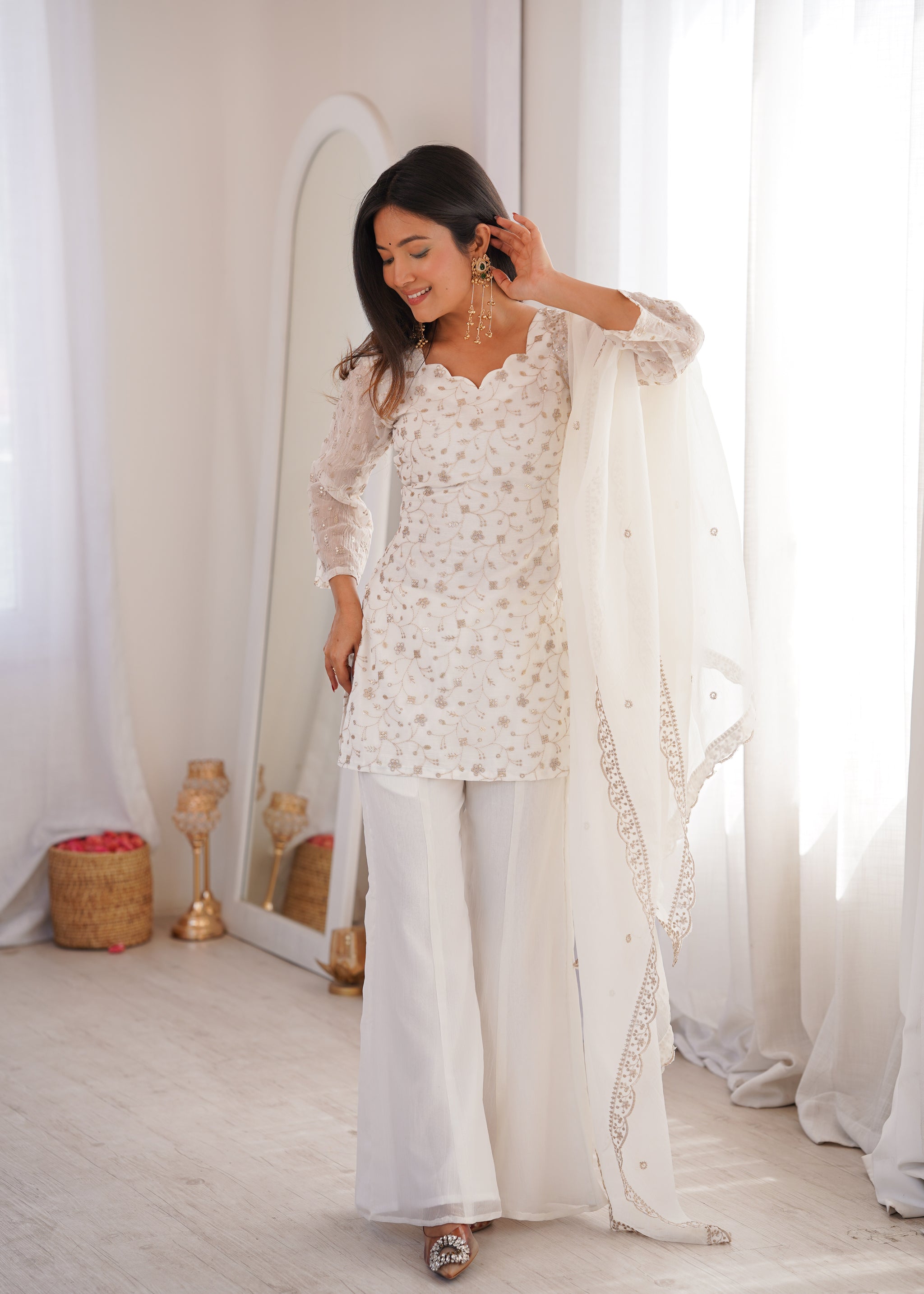 Off-White Color Crunchy Silk Embroidered Plazzo Suit