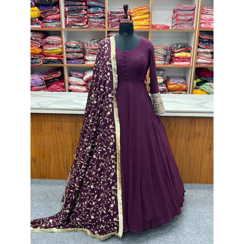 Presenting New Wine Georgette Gown Dupatta Full Set With Pent Ready To Wear