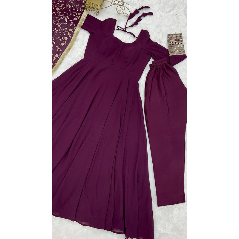 Presenting New Wine Georgette Gown Dupatta Full Set With Pent Ready To Wear