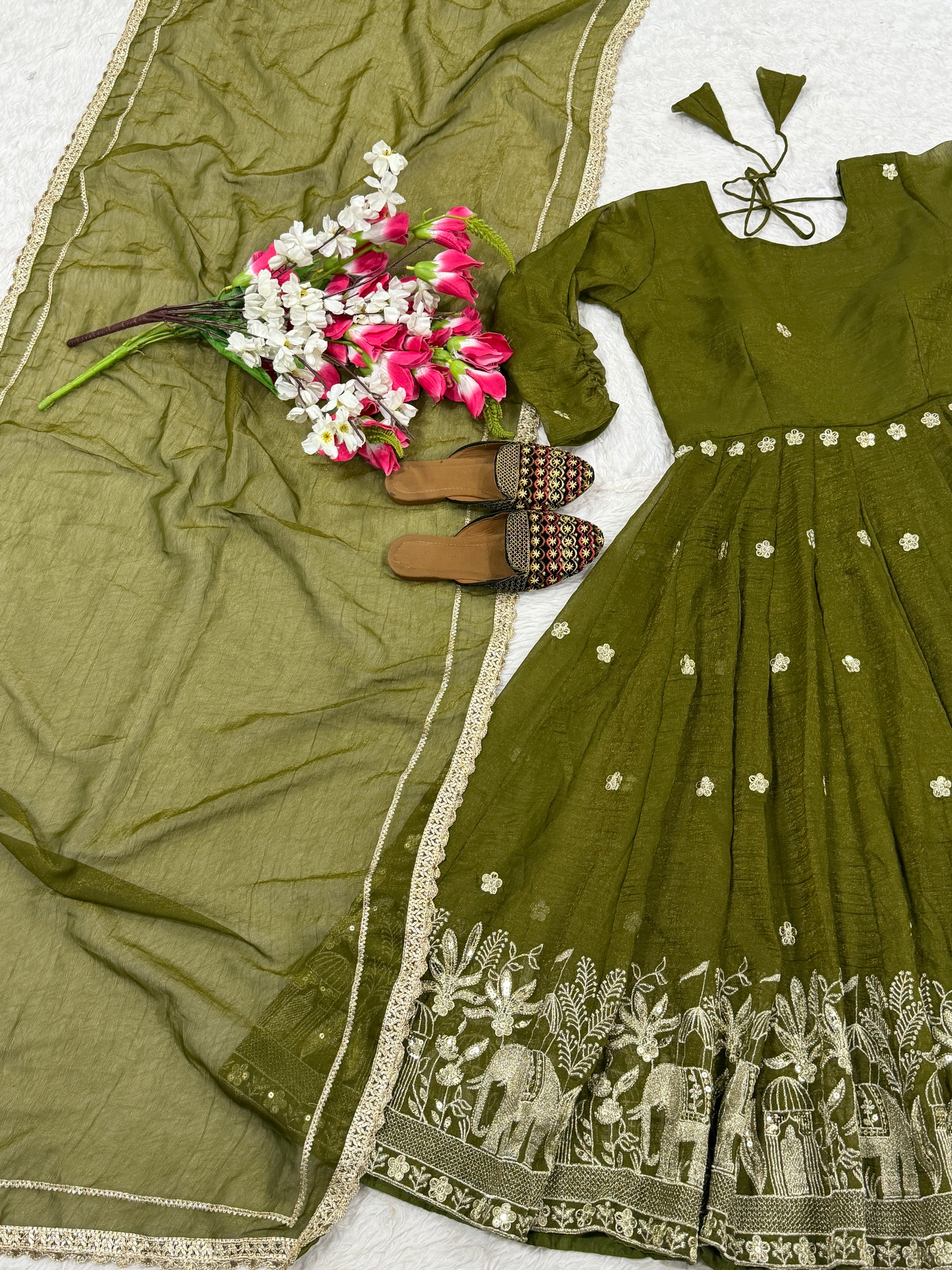 Olive Green Elephant Motif Anarkali Suit with Dupatta