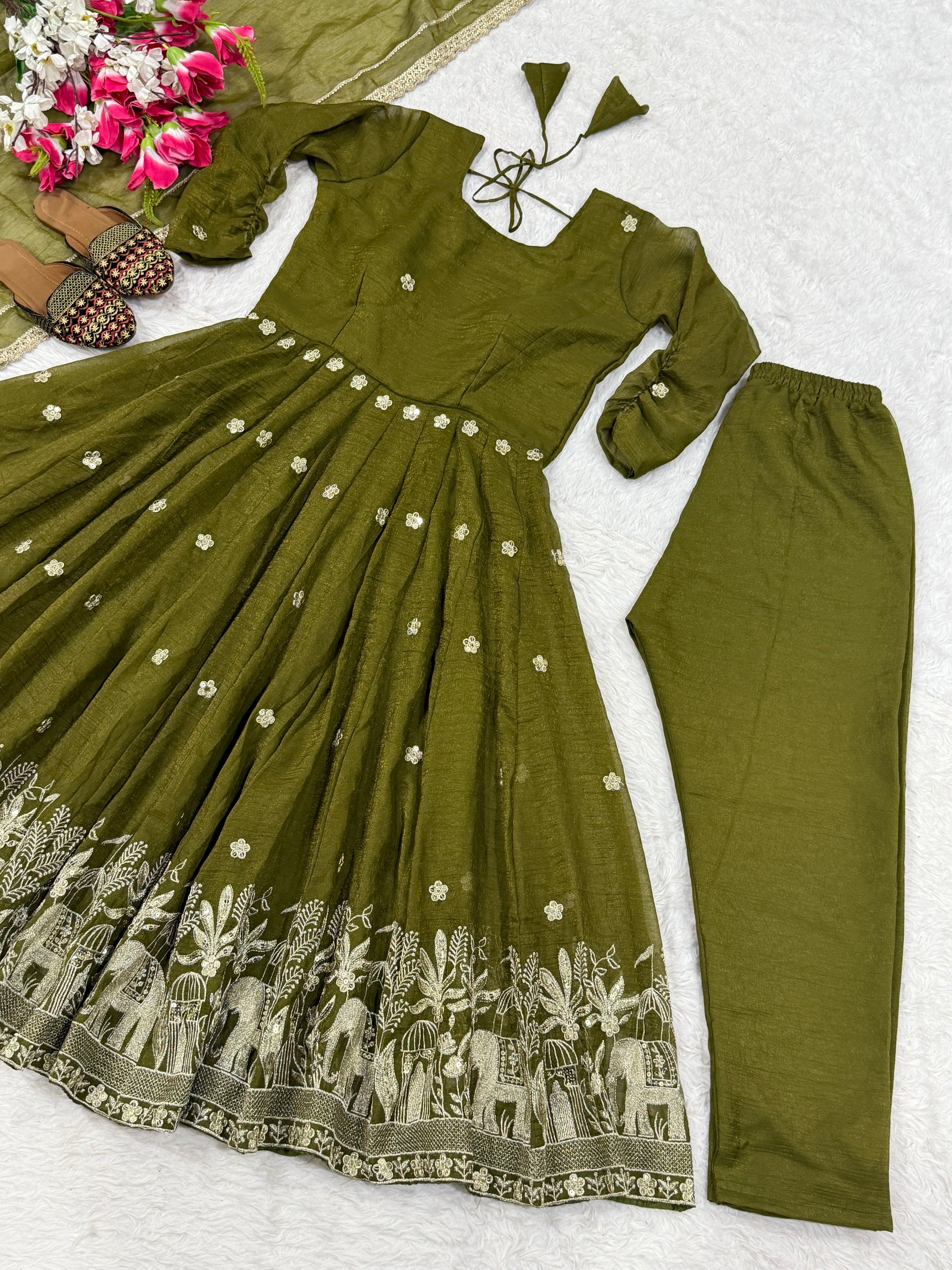 Olive Green Elephant Motif Anarkali Suit with Dupatta