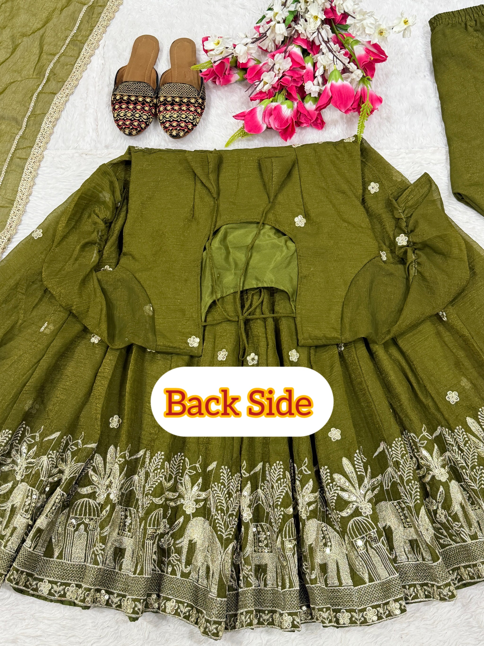 Olive Green Elephant Motif Anarkali Suit with Dupatta