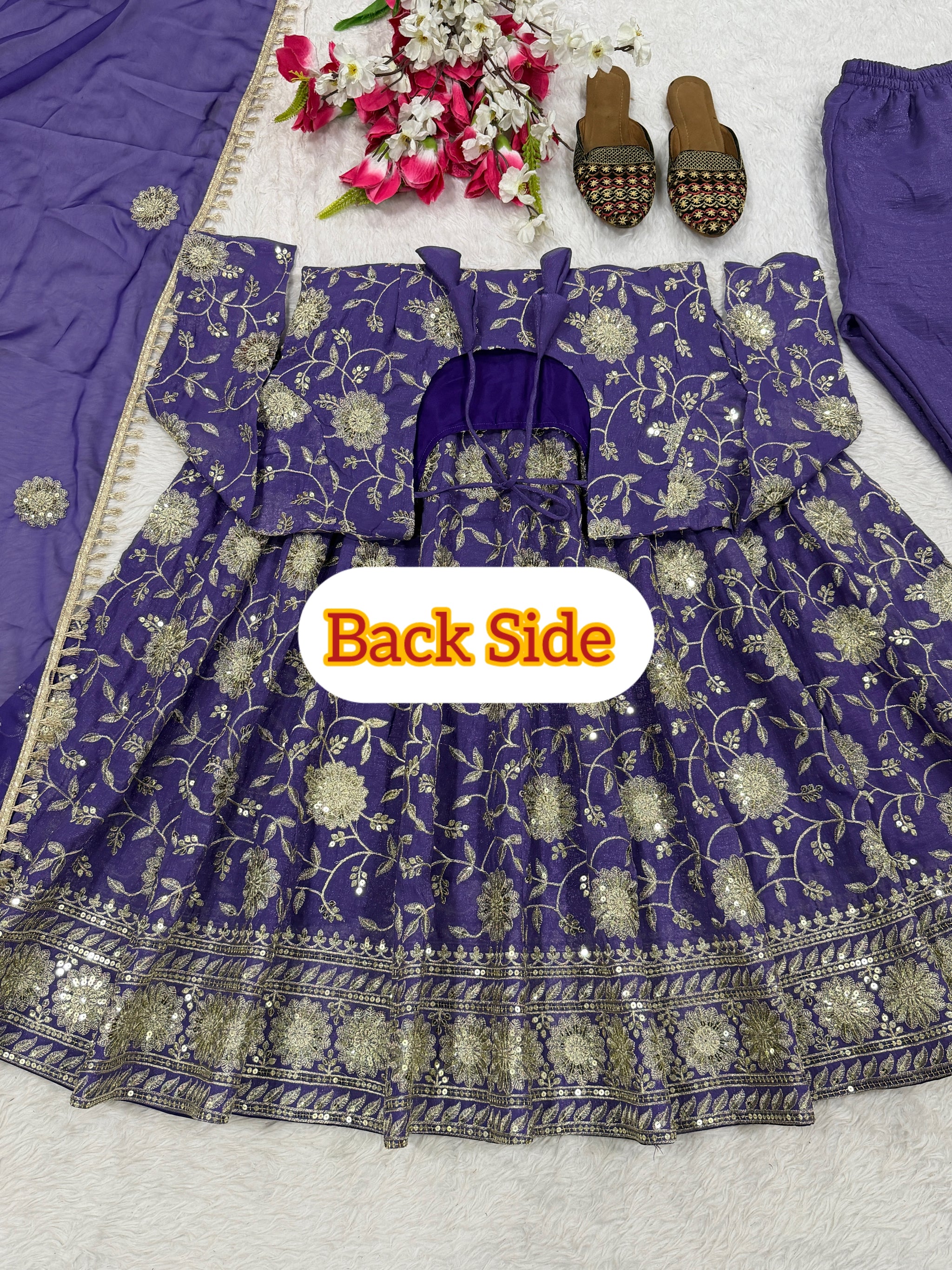 Purple Floral Sequin Embroidered Anarkali Suit with Dupatta