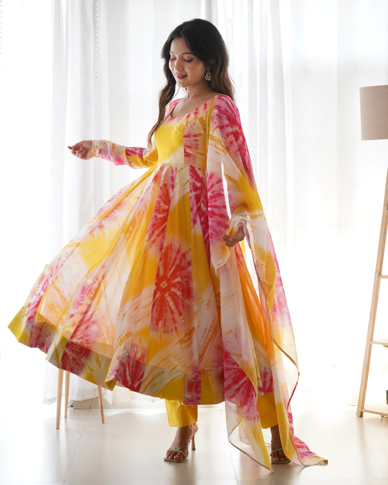 Yellow Pink Pure Soft Organza Silk Kali Style Anarkali Three Piece Suit