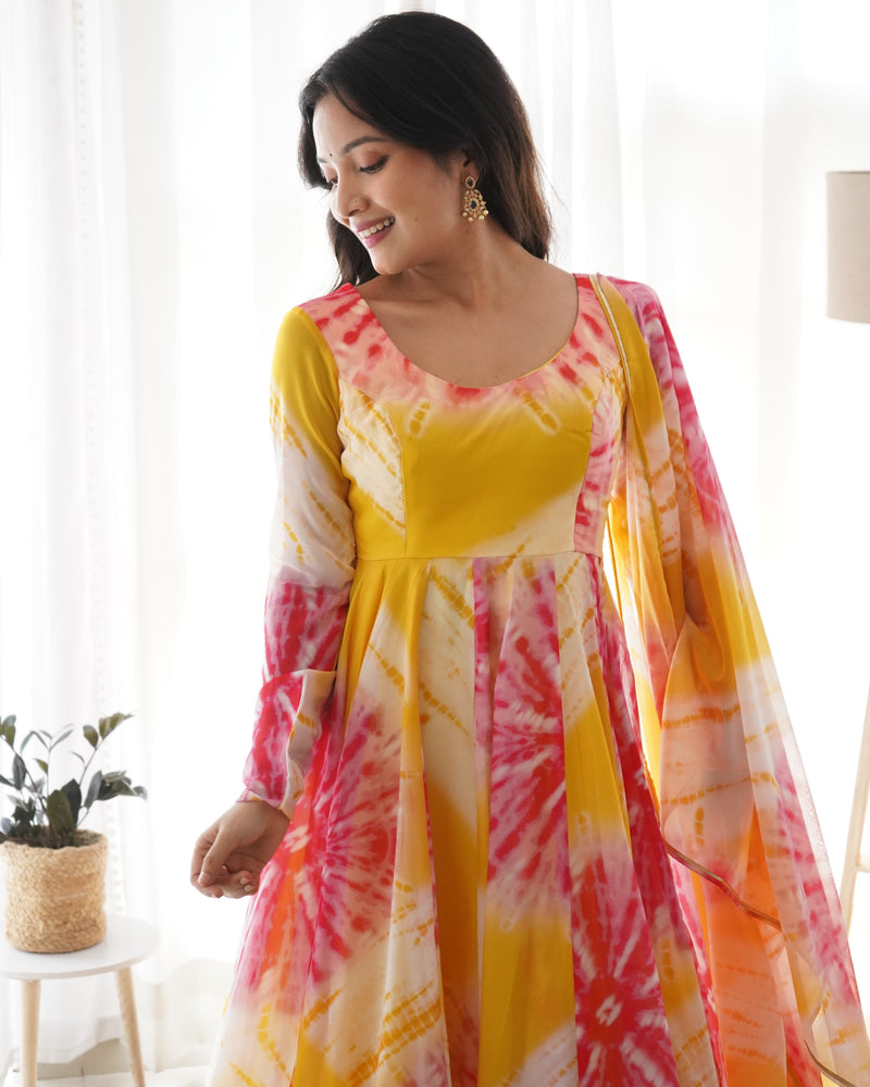 Yellow Pink Pure Soft Organza Silk Kali Style Anarkali Three Piece Suit