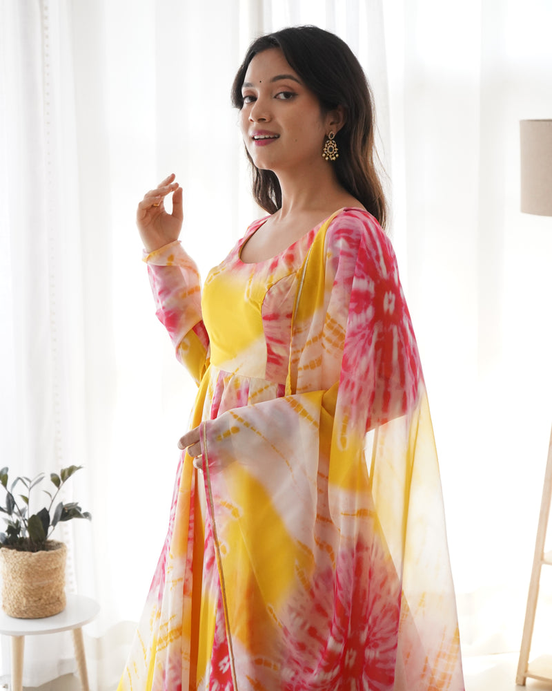 Yellow Pink Pure Soft Organza Silk Kali Style Anarkali Three Piece Suit