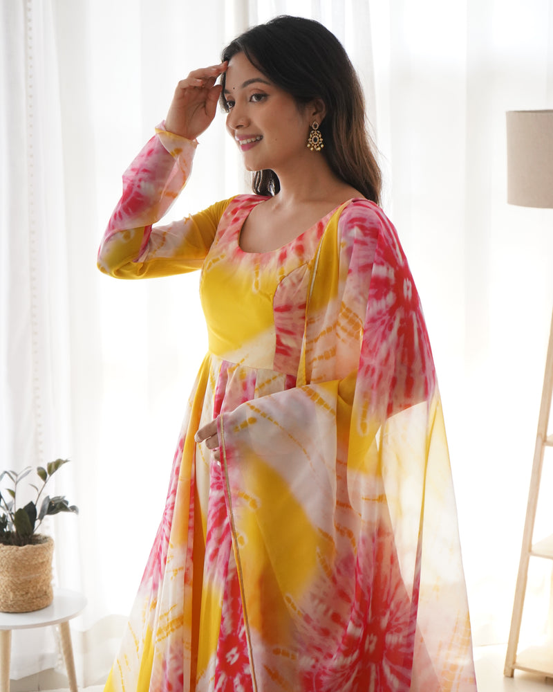 Yellow Pink Pure Soft Organza Silk Kali Style Anarkali Three Piece Suit