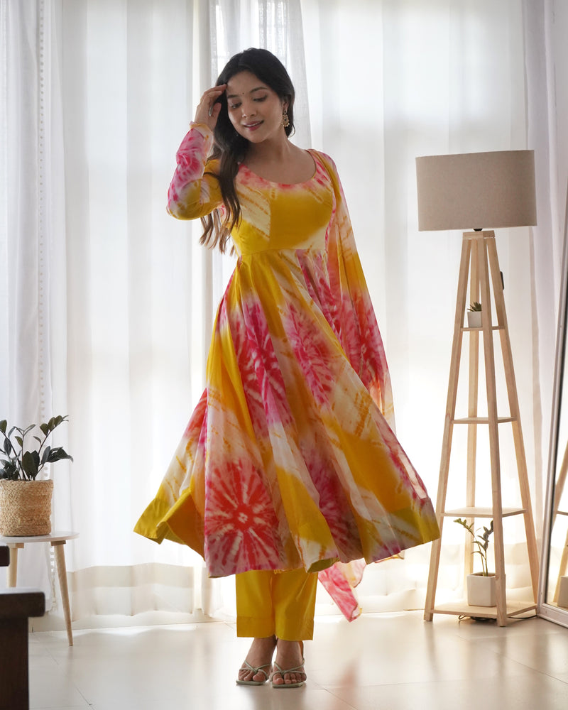 Yellow Pink Pure Soft Organza Silk Kali Style Anarkali Three Piece Suit