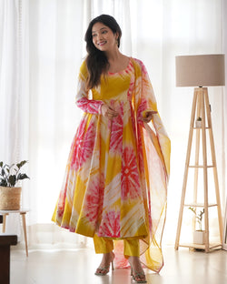 Yellow Pink Pure Soft Organza Silk Kali Style Anarkali Three Piece Suit