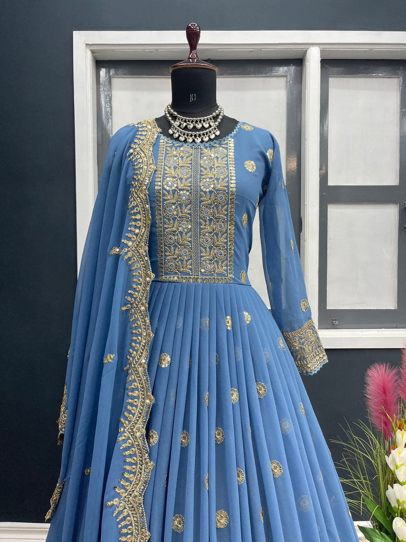 Exclusive Embroidery Work Sky Blue Color Gown – subhvastra