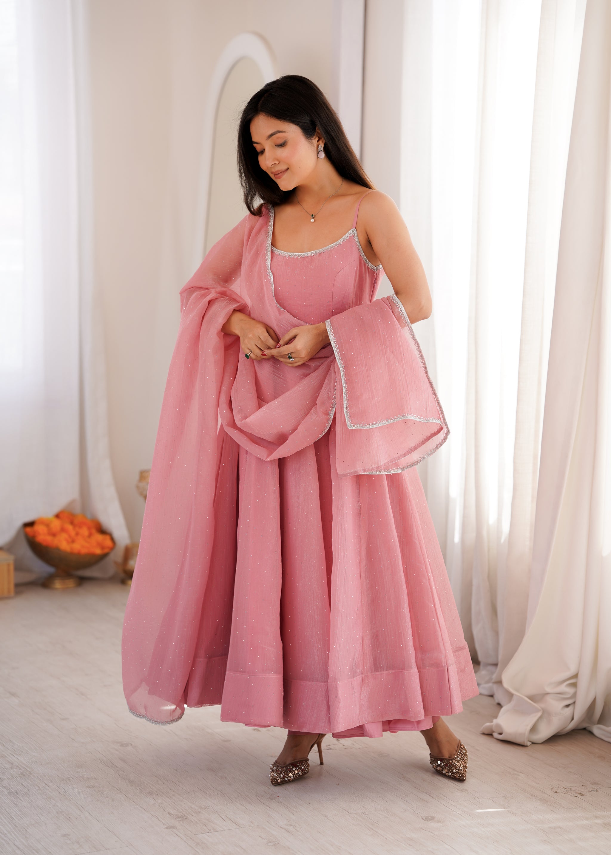 Dusty Pink Color Crunchy Silk Ethnic Anarkali Suit with Dupatta