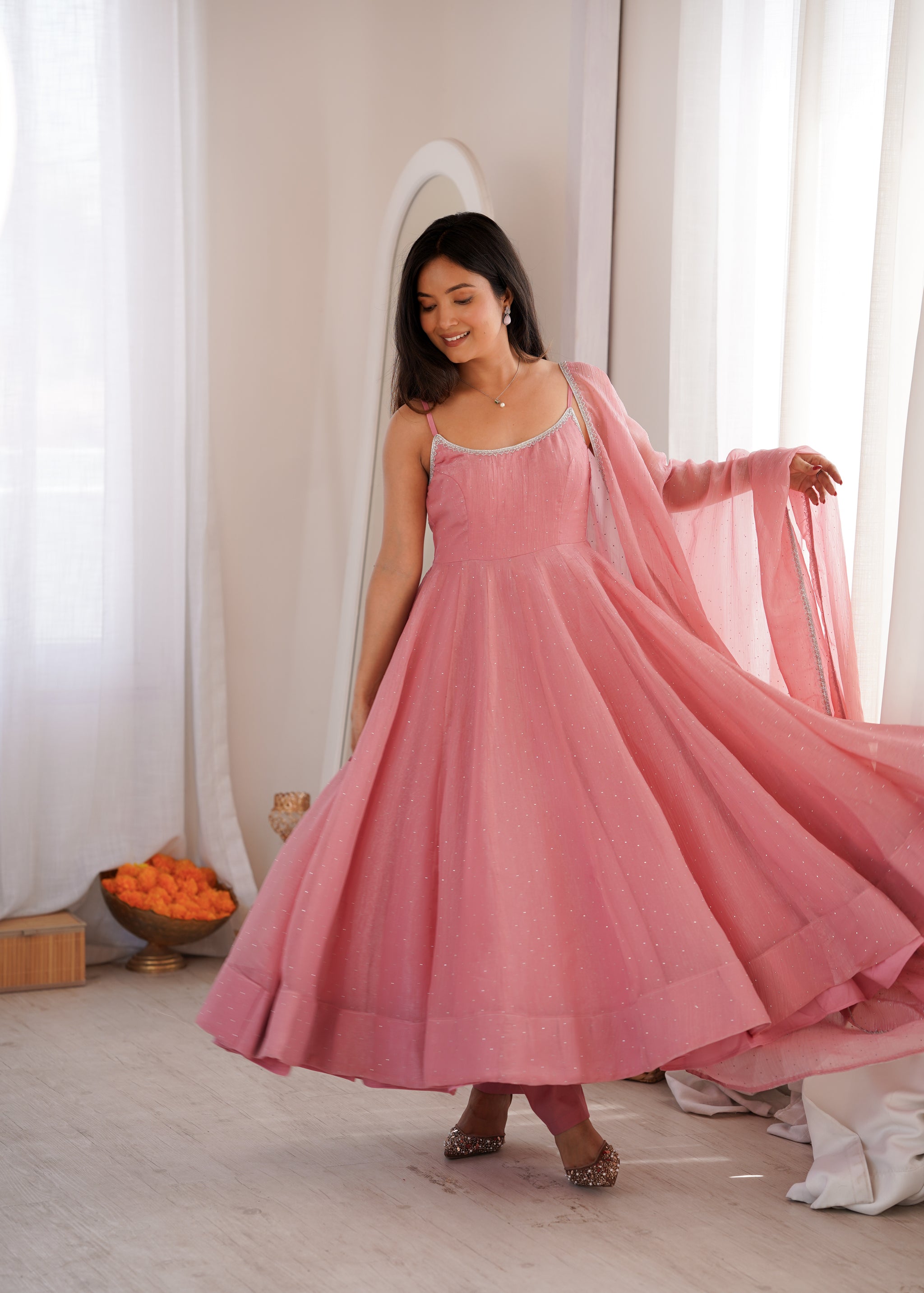 Dusty Pink Color Crunchy Silk Ethnic Anarkali Suit with Dupatta