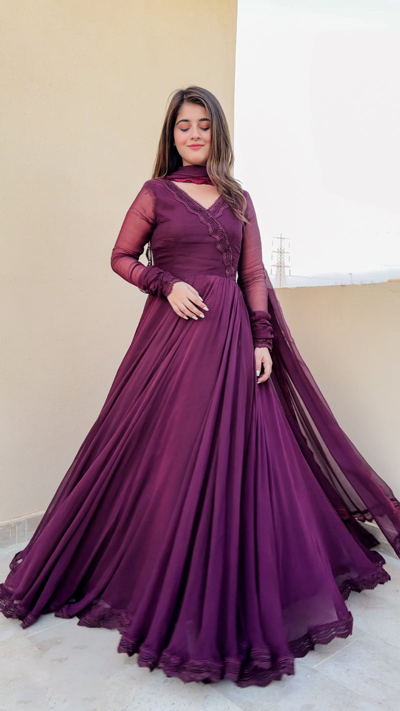 Solid Purple Long Flair Anarkali With Dupatta