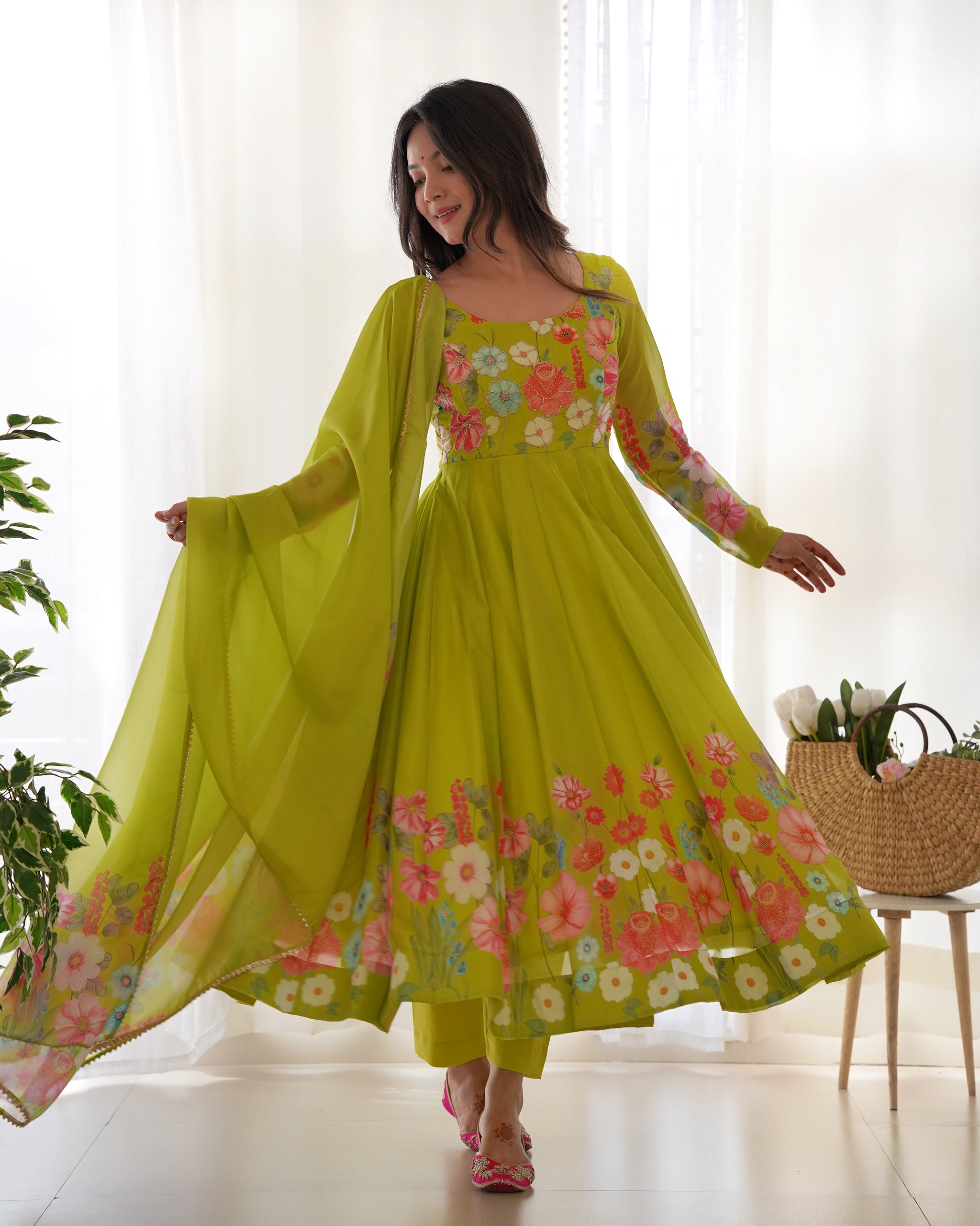Neon Color Floral Print Organza Three Piece Anarkali Suit subhvastra Neon Color Floral Print Organza Three Piece Anarkali Suit subhvastra